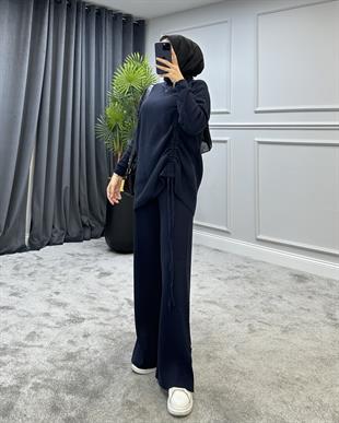 Yanı Büzgülü Triko Takım Lacivert