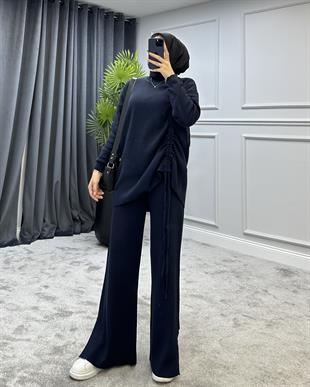 Yanı Büzgülü Triko Takım Lacivert