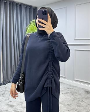 Yanı Büzgülü Triko Takım Lacivert