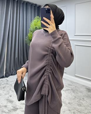 Yanı Büzgülü Triko Takım Mürdüm