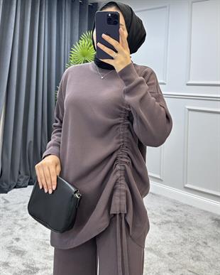 Yanı Büzgülü Triko Takım Mürdüm