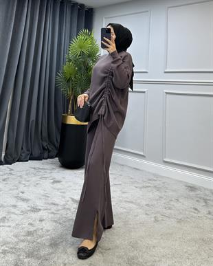 Yanı Büzgülü Triko Takım Mürdüm