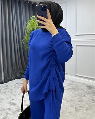 Yanı Büzgülü Triko Takım Saks