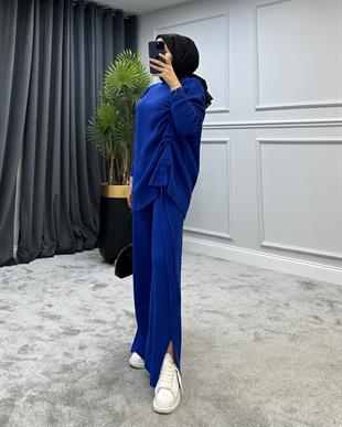 Yanı Büzgülü Triko Takım Saks