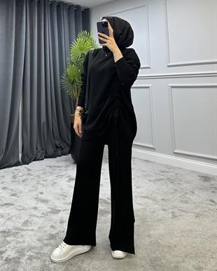 Yanı Büzgülü Triko Takım Siyah