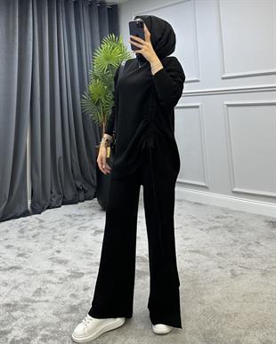 Yanı Büzgülü Triko Takım Siyah