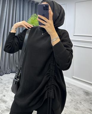 Yanı Büzgülü Triko Takım Siyah