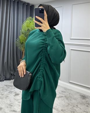 Yanı Büzgülü Triko Takım Zümrüt