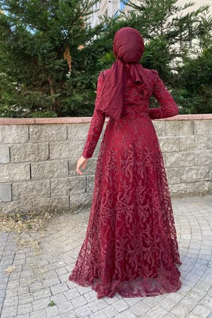 Yaprak İşlemeli Simli Abiye Bordo