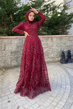 Yaprak İşlemeli Simli Abiye Bordo