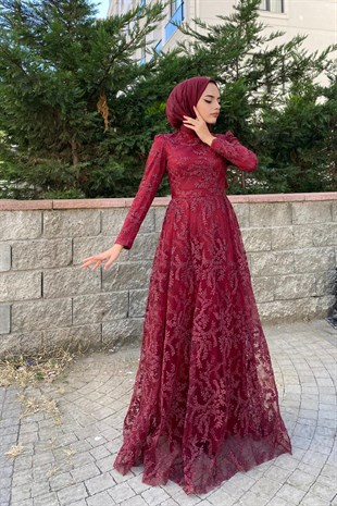 Yaprak İşlemeli Simli Abiye Bordo