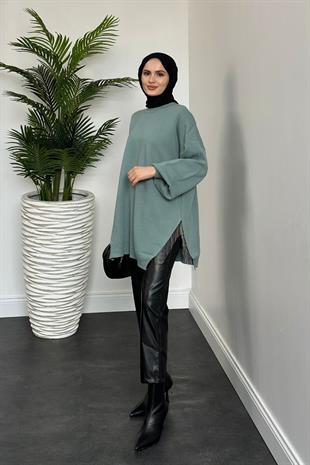 Yarı Zincirli Triko Tunik Mint