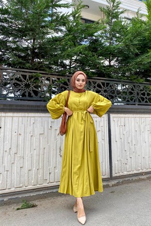 Yarım Pat Robadan Elbise Yağyeşili
