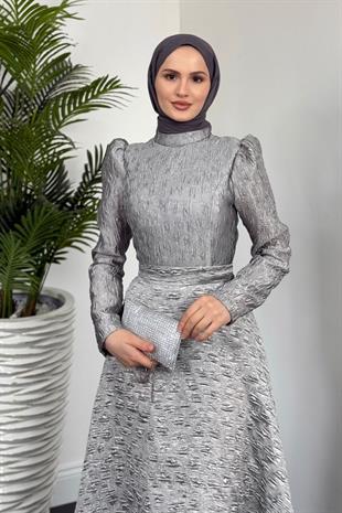 Yella Brokar Kumaş Prenses Abiye Gri