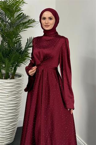 Yelzia Çapraz Taşlı Saten Abiye Bordo