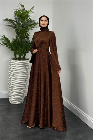 Yelzia Çapraz Taşlı Saten Abiye  Kahverengi