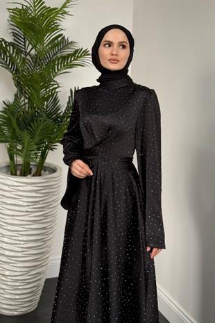 Yelzia Çapraz Taşlı Saten Abiye Siyah