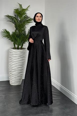 Yelzia Çapraz Taşlı Saten Abiye Siyah