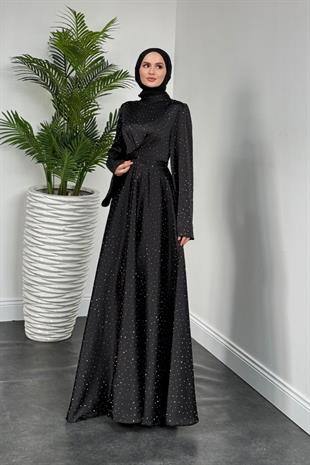 Yelzia Çapraz Taşlı Saten Abiye Siyah