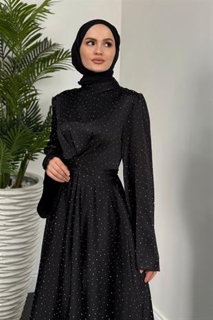 Yelzia Çapraz Taşlı Saten Abiye Siyah