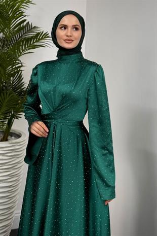 Yelzia Çapraz Taşlı Saten Abiye Yeşil