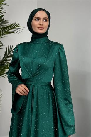 Yelzia Çapraz Taşlı Saten Abiye Yeşil