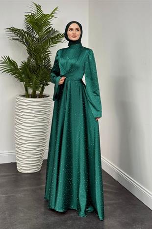 Yelzia Çapraz Taşlı Saten Abiye Yeşil