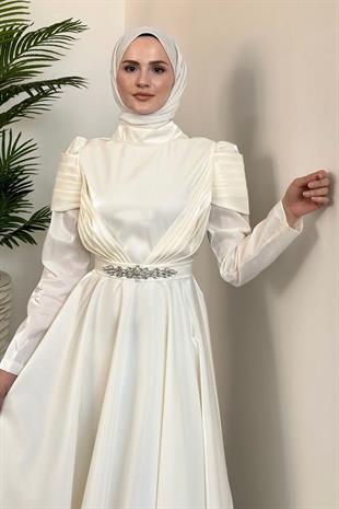 Yola Drape Detay Tafta Abiye Beyaz