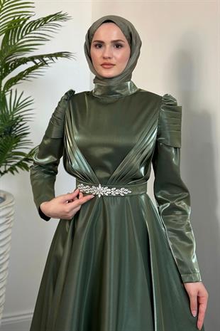 Yola Drape Detay Tafta Abiye Haki