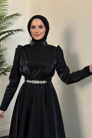 Yola Drape Detay Tafta Abiye Siyah