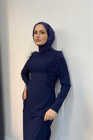 Yolanta Omzu Tüylü Abiye Lacivert