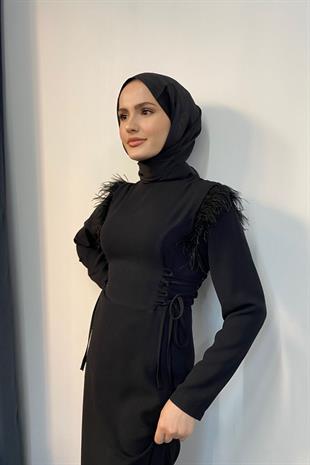 Yolanta Omzu Tüylü Abiye Siyah