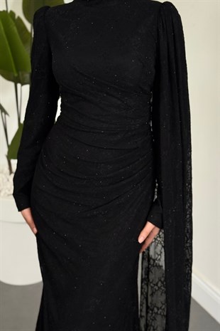 Yonspe Taşlı Dantelli Balık Abiye Siyah