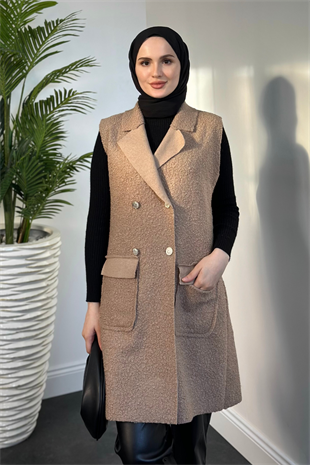 Yuliana Düğmeli Buklet Kumaş Yelek Vizon