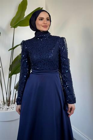 Zarielle Saten Kumaş Abiye Lacivert