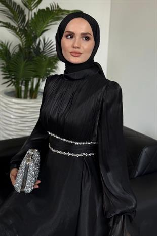Zarina Beli Taşlı Jan Jan  Abiye Siyah