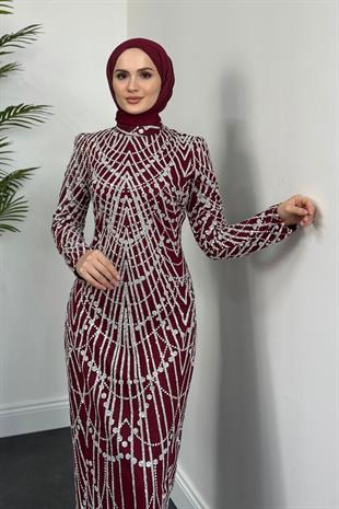 Zayne Simli Pullu Abiye Bordo