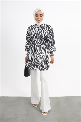 Zebra Desenli Saten Tunik Siyah