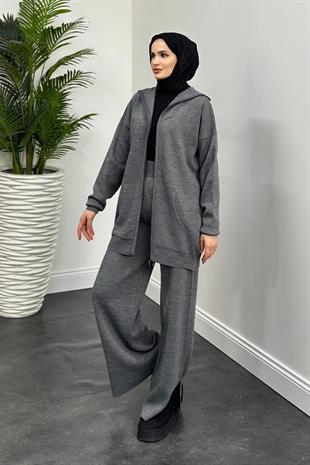 Zen Fermuarlı Triko Takım Füme