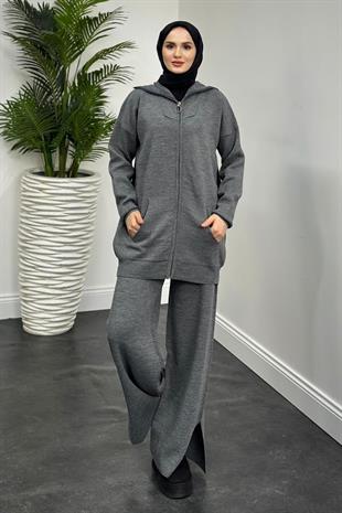 Zen Fermuarlı Triko Takım Füme