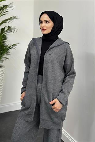 Zen Fermuarlı Triko Takım Füme