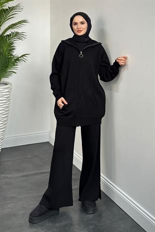Zen Fermuarlı Triko Takım Siyah