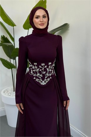Zenaria Pelerinli Taşlı Seyyar Korseli Abiye Mor