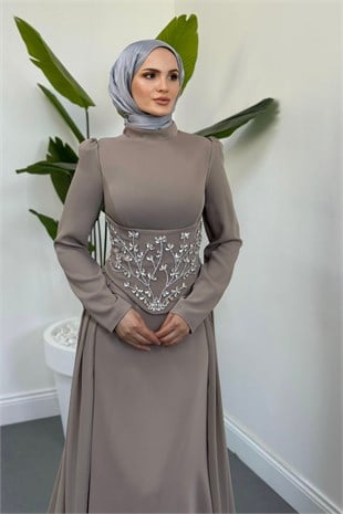 Zenaria Pelerinli Taşlı Seyyar Korseli Abiye Vizon