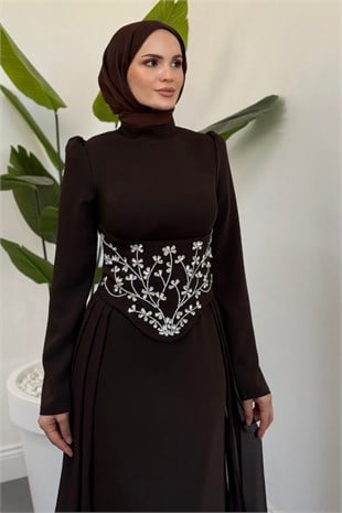 Zenaria Pelerinli Taşlı Seyyar Korseli Abiye Kahverengi