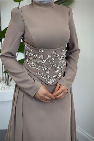 Zenaria Pelerinli Taşlı Seyyar Korseli Abiye Vizon