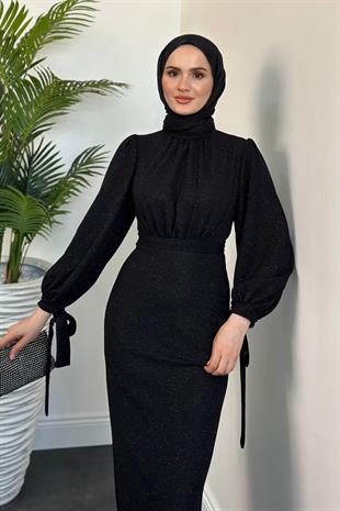 Zeta Kolları Bağcıklı Simli Kalem Abiye Siyah