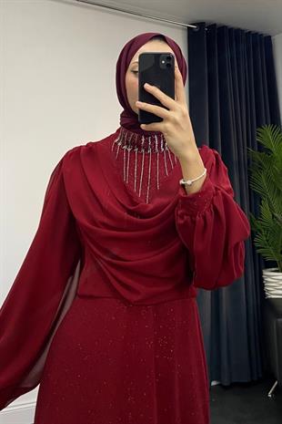 Zeyna Boynu Taşlı Abiye Bordo