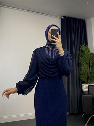 Zeyna Boynu Taşlı Abiye Lacivert