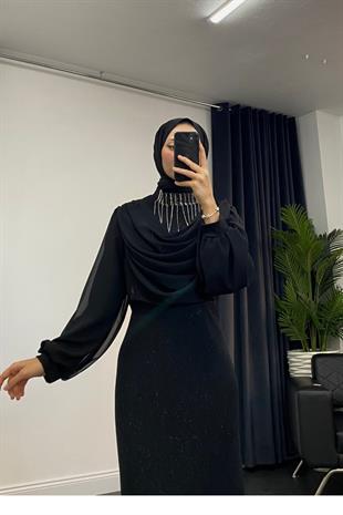 Zeyna Boynu Taşlı Abiye Siyah